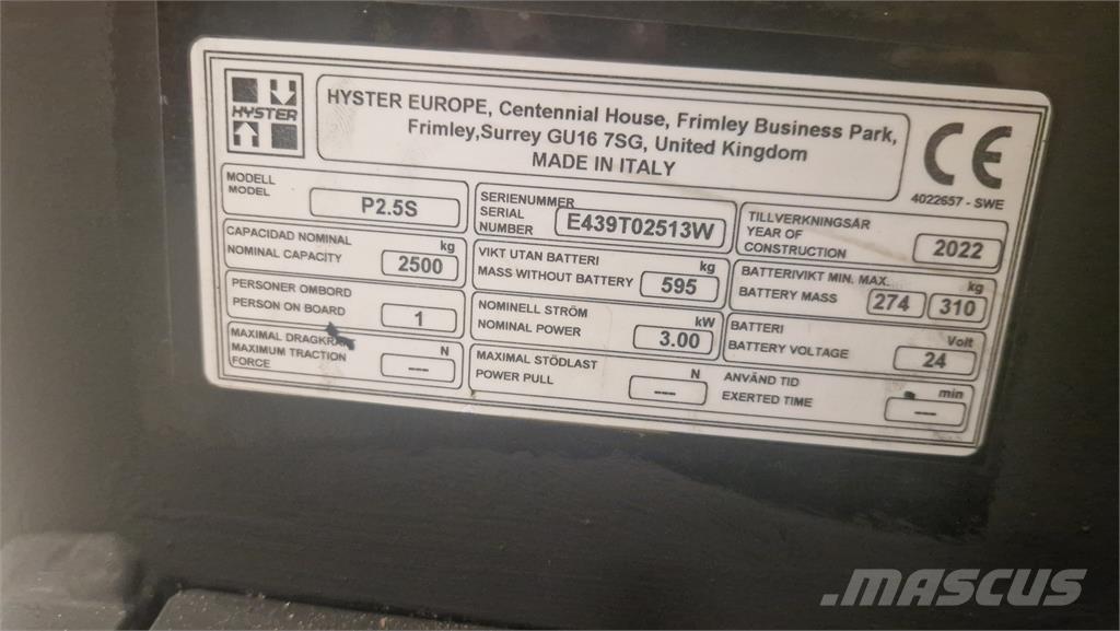 Hyster P2.5S Pedestrian stacker