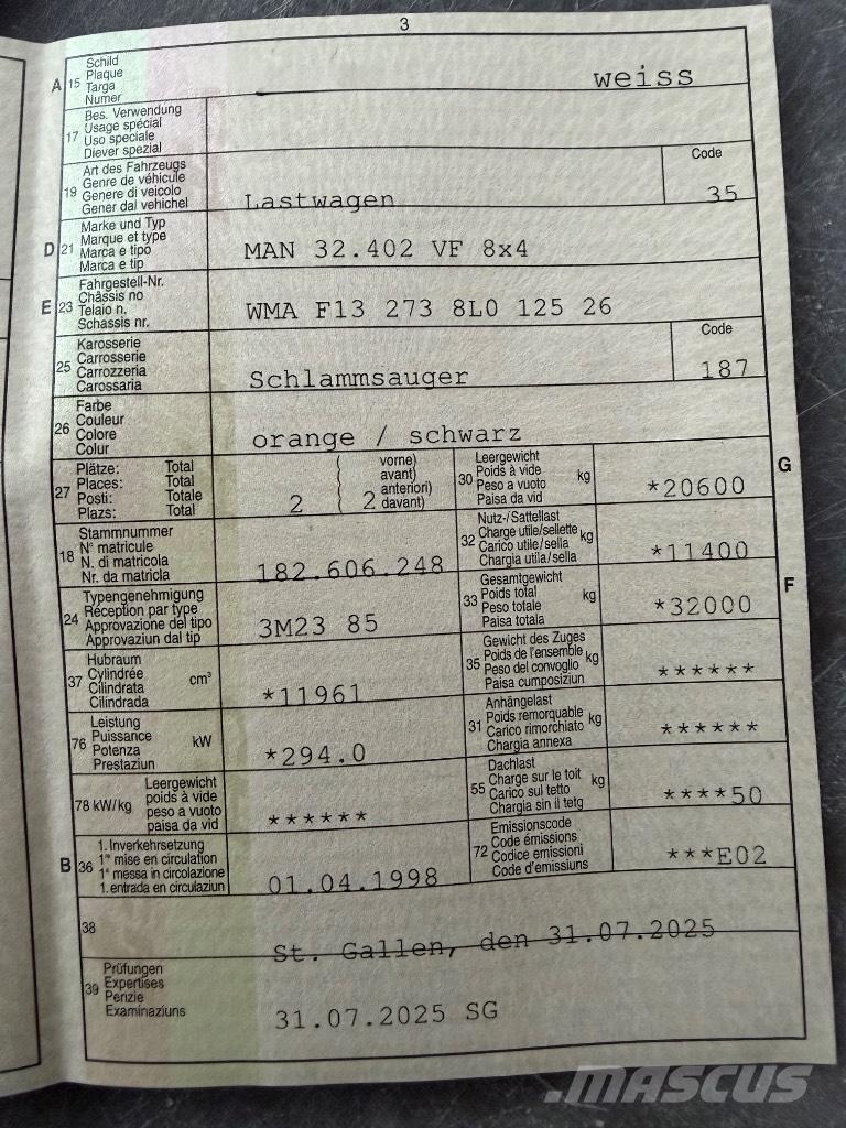 MAN 32.402 VF 8x4 Sewage disposal Trucks